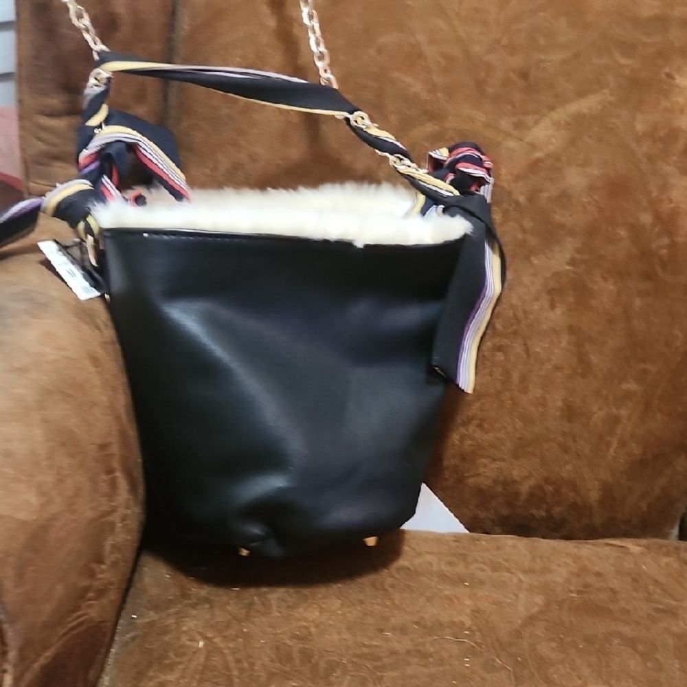 Zara Black Bucket Bag with Cream Fur Trim